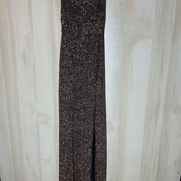 Windsor‎ gold black spaghetti strap long dress front slit, size small - Picture 15 of 16